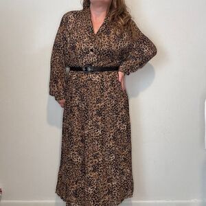 Vintage Rouie Sz 14 Leopard Print Maxi Dress Pleated Skirt Long Sleeve Women 90s